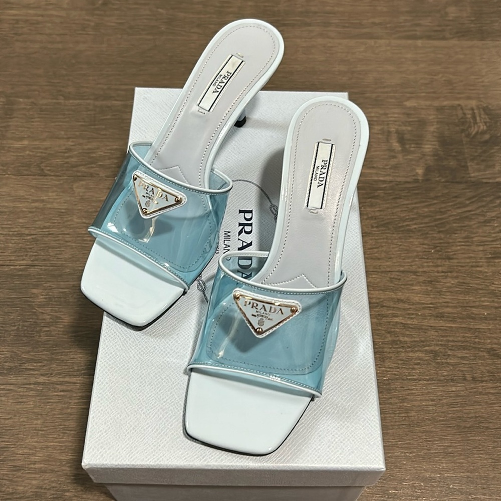 Prada plexiglass patent leather sandals